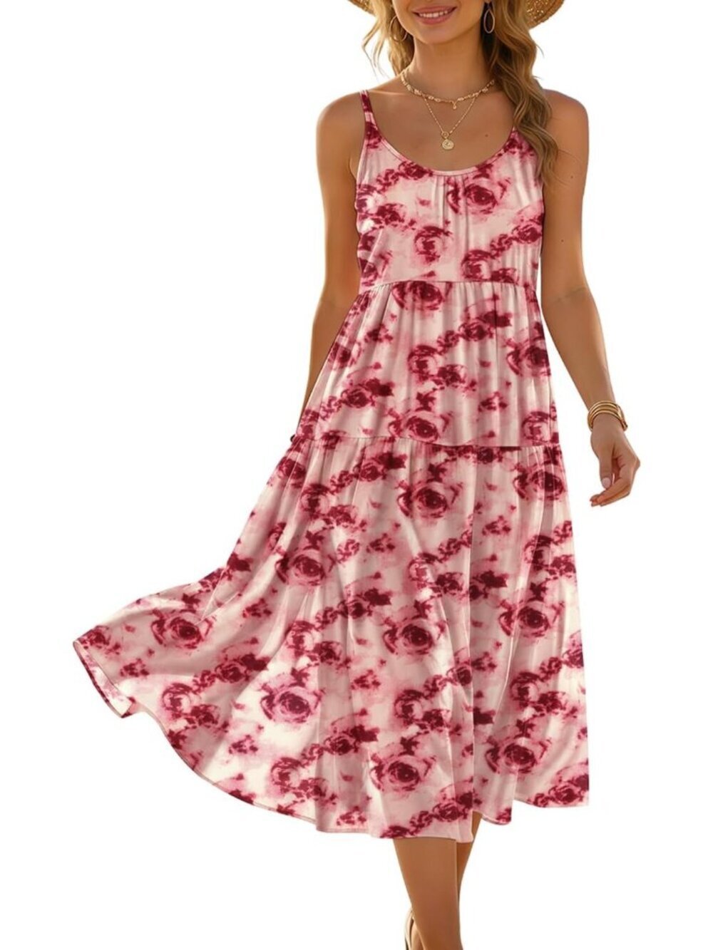 Women's Floral Rose stable Spaghetti Strap Sundress Boho Casual Flow Midi Dress